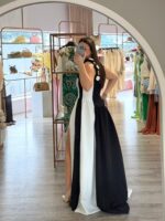 VESTIDO COMPRIDO PRETO E BRANCO COM FLORES EM RELEVO PONTO CHIC - Image 3