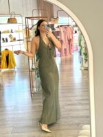 VESTIDO MIDI KAKI COSTAS ABERTAS COM LAÇO RINASCIMENTO