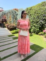 VESTIDO COMPRIDO CORAL DRAPEADO ESTAMPADO PONTO CHIC