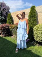 VESTIDO AZUL CLARO DE ALÇAS COM FOLHOS PONTO CHIC
