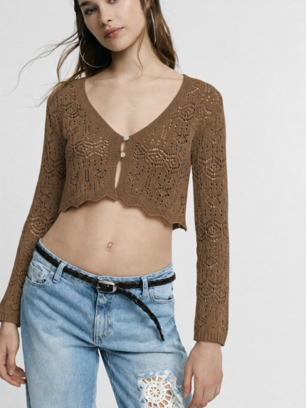 TOP CROPPED EM MALHA VAZADA CASTANHO PLEASE