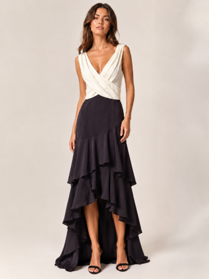 VESTIDO COMBINADO BICOLOR COM SAIA EM CAMADAS PONTO CHIC
