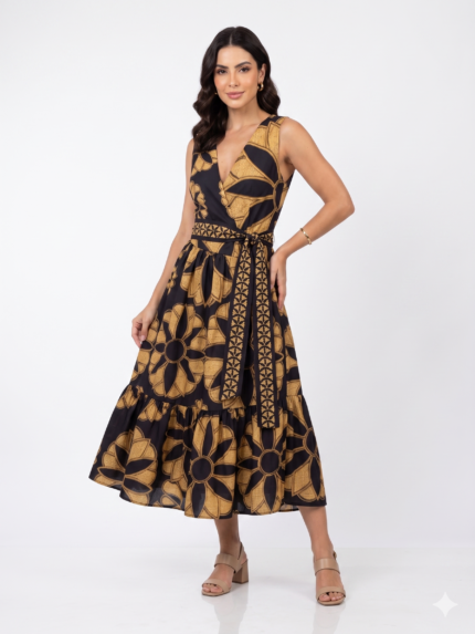 VESTIDO MIDI PRETO COM ESTAMPADO AMARELO PONTO CHIC