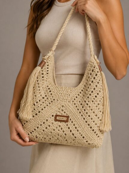 MALA EM CROCHET BEGE COM FRANJA LEA LAB