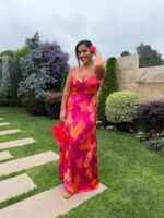 VESTIDO COMPRIDO ESTAMPADO FUCSIA E CORAL PONTO CHIC