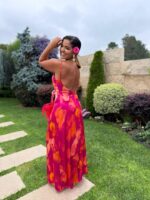VESTIDO COMPRIDO ESTAMPADO FUCSIA E CORAL PONTO CHIC - Image 3