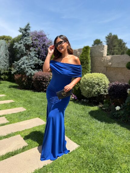 VESTIDO AZUL COM DRAPEADO SAHOCO