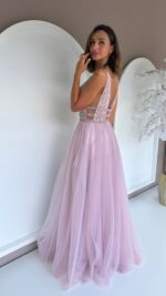 VESTIDO LONGO ROSA EM TULE COM CORPETE BORDADO PONTO CHIC - Image 5