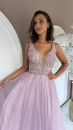 VESTIDO LONGO ROSA EM TULE COM CORPETE BORDADO PONTO CHIC - Image 2