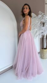 VESTIDO LONGO ROSA EM TULE COM CORPETE BORDADO PONTO CHIC - Image 3