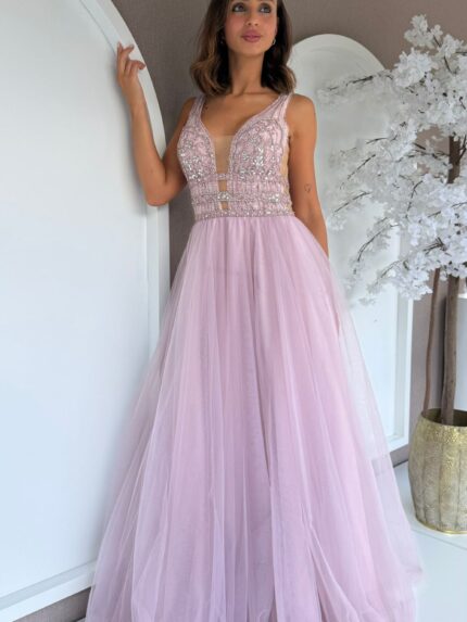 VESTIDO LONGO ROSA EM TULE COM CORPETE BORDADO PONTO CHIC