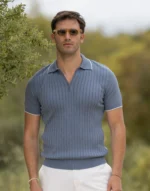 POLO TRICOT FALSO LISO COM FECHO AZUL CIANO ZOLF