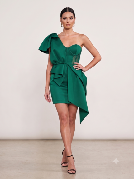VESTIDO ASSIMÉTRICO VERDE COM LAÇO PONTO CHIC