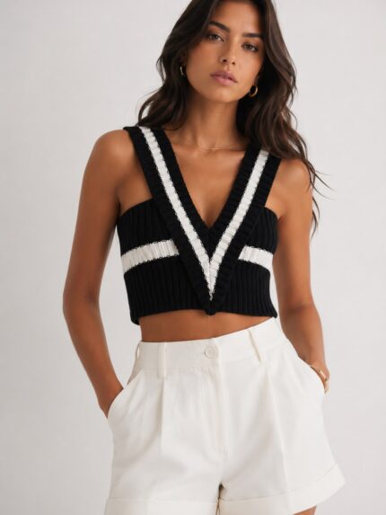TOP EM MALHA COM DECOTE EM BICO PRETO E BRANCO
 PONTO CHIC