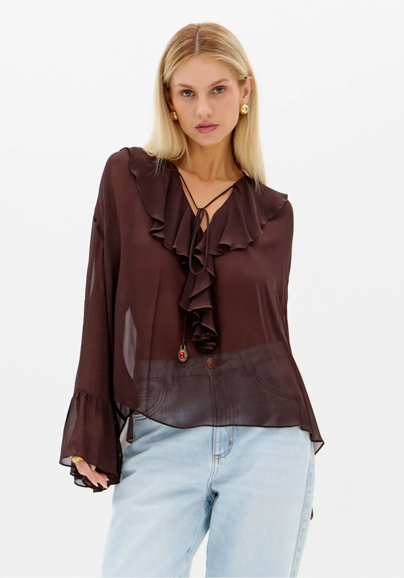 transferir (12) BLUSA COM FOLHOS CASTANHO ESCURO LANÇA PERFUME - Image 1