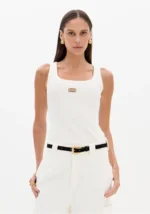 TOP CANELADO BRANCO COM PLACA DOURADA LANÇA PERFUME