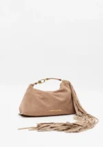 MALA CLUTCH BEGE AREIA EM CAMURÇA COM FRANJAS LANÇA PERFUME