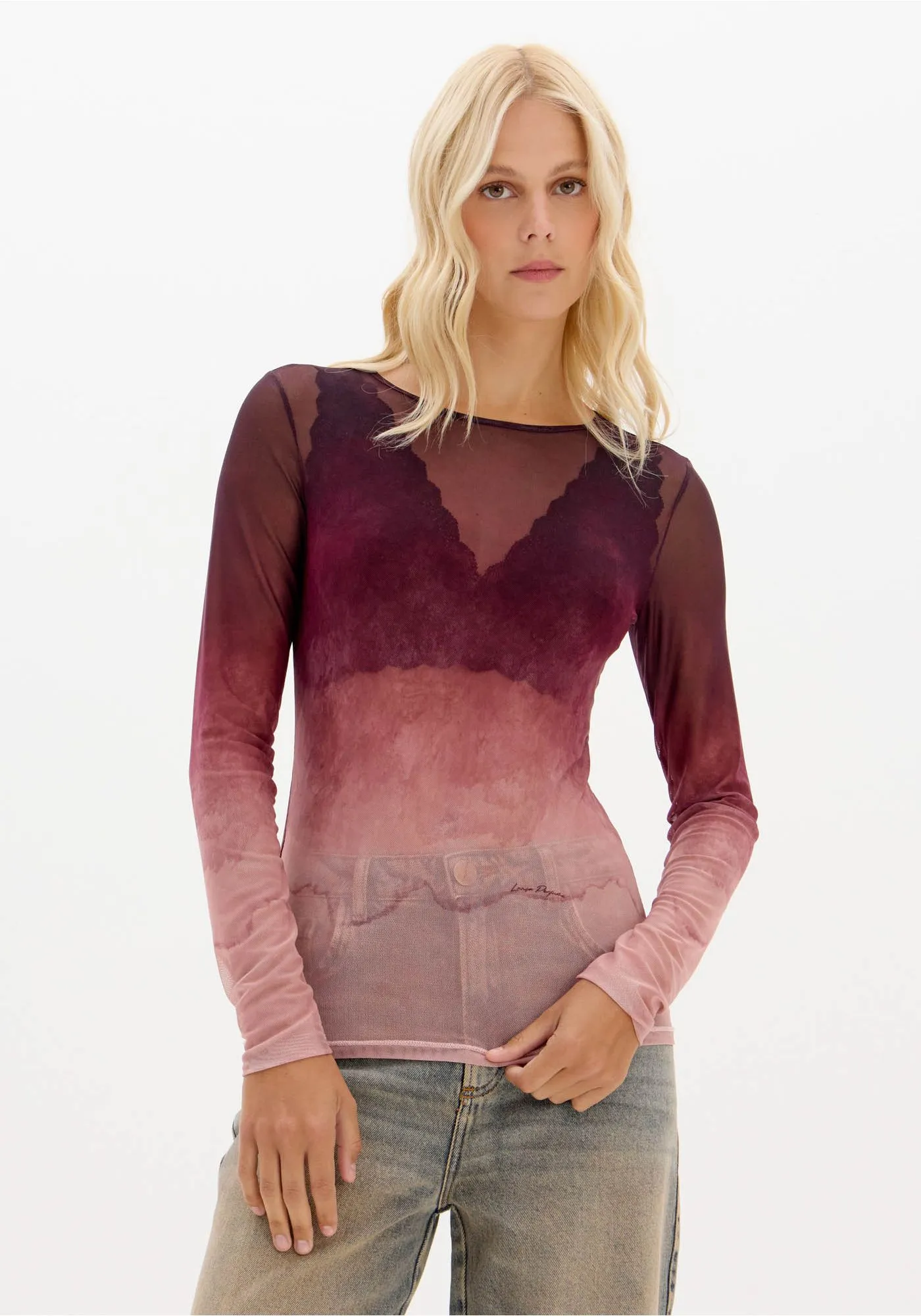 transferir (36) BLUSA DEGRADÊ VINHO E ROSA EM TULE LANÇA PERFUME - Image 1