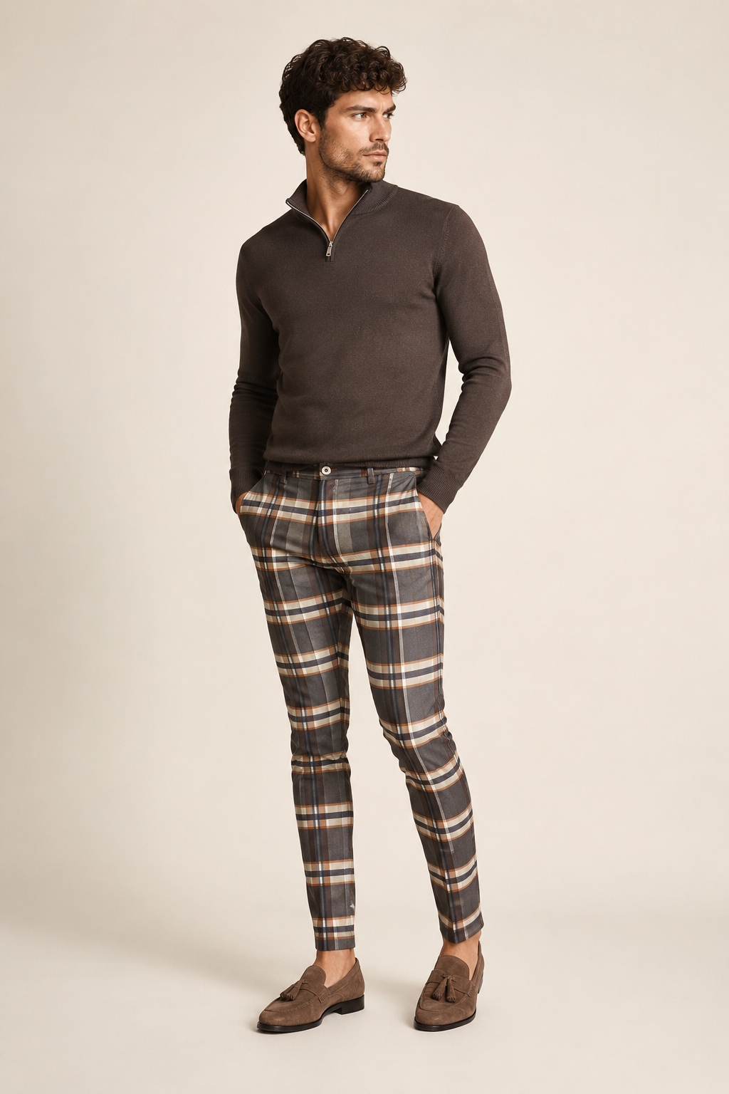 ChatGPT Image 7_08_2026, 12_10_25 CALÇA XADREZ CASTANHO SLIM FIT KARLO MENDOZA - Image 1