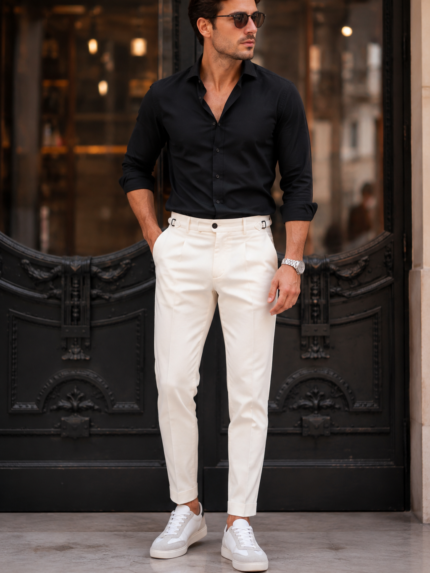 CALÇA CHINO BRANCA COM FIVELAS LATERAIS
